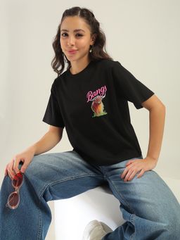 Globus - Women Black Printed Oversized Fit T-Shirt
