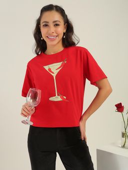 Globus - Women Red Prined Oversized Fit T-Shirt