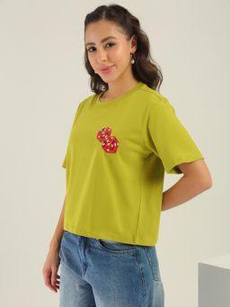 Globus - Women Green Printed Oversized Fit T-Shirt