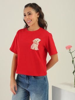 Globus - Women Red Printed Round Neck Oversized Fit T-Shirt