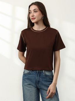 Globus - Women Brown Solid Round Neck T-Shirt
