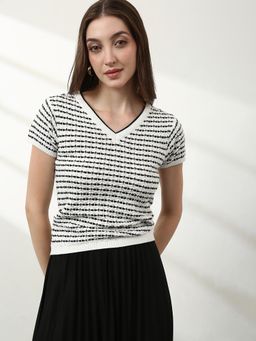 Globus - Women White V-Neck Striped Top