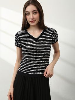 Globus - Women Black V-Neck Striped Top
