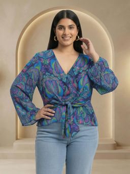 Globus - Women Blue Paisley V-Neck Peplum Top