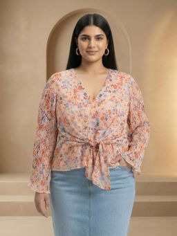 Globus - Women Peach Floral V-Neck Peplum Top