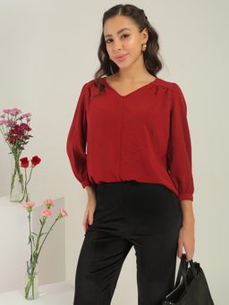 Globus - Women Maroon V-neck Puff Sleeves Gathered Detail Top