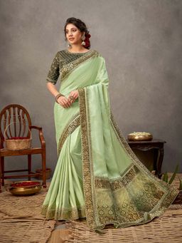Odette - Lime Green Tussar Silk Saree with Unstitched Blouse