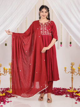 ARAMYA - Maroon Soft Cotton Anarkali Kurta Pant Set with Dupatta for Women