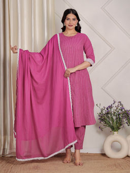 ARAMYA - Purple Striped A-Line Kurta Pant Set with Dupatta for Women