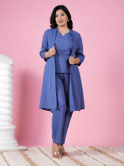 ARAMYA - Blue Cotton Solid Kurta Pant Set with Jacket for Women