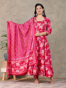 ARAMYA - Pink Soft Cotton Floral Print Kurta Pant Set with Dupatta for Women