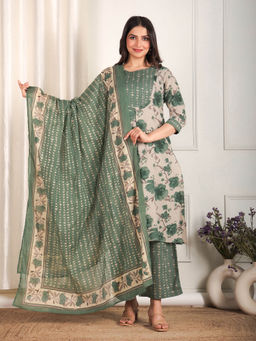 ARAMYA - Grey Soft Cotton Floral Print A-Line Kurta Palazzo Set with Dupatta for Women
