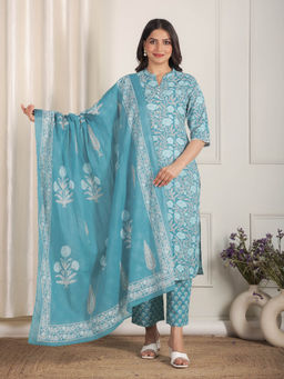 ARAMYA - Blue Soft Cotton Floral Print Straight Kurta Pant Set with Dupatta for Women