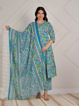 ARAMYA - Blue Soft Cotton Floral Print A-Line Kurta Pant Set with Dupatta for Women