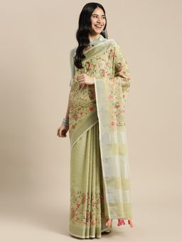 Sangam Prints - Yellow Green Linen Resham Dori Work Traditional Tassle Saree with Unstitched