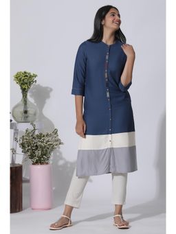 W - Blue & Grey Colour Block Kurta & Pants (Set of 2)