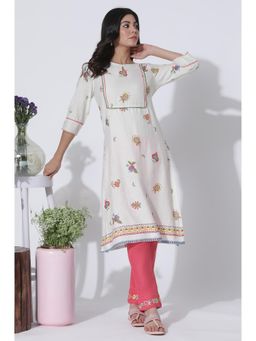 W - White Floral Printed Rayon Flax Kurta & Slim Pants (Set of 2)