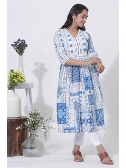 W - White & Blue Cotton Printed Flared Kurta & Pants (Set of 2)