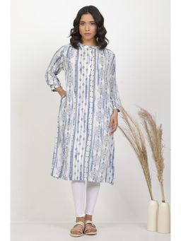 W - White & Blue Printed Kurta & Pants (Set of 2)