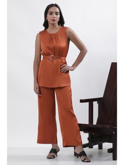 W - Orange Satin Sleeveless Top With Belt & Pants (Set of 3)