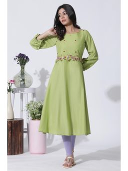 W - Green Embroidered A-Line Cotton Kurta & Tights (Set of 2)