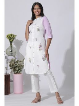 W - White & Purple Embroidered Cotton Kurta & Pants (Set of 2)