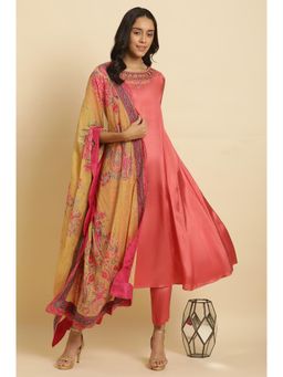 WISHFUL by W - Pink Embroidered Anarkali Kurta with Tights & Printed Dupatta (Set of 3)