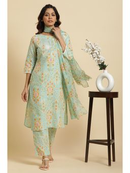 W - Light Green Floral Printed Kurta, Pants & Dupatta (Set of 3)