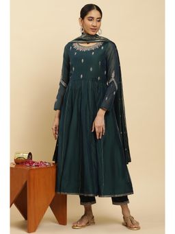 W - Green Flared Embroidered Kurta, Pants & Dupatta (Set of 3)