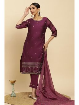 W - Purple Metallic Embroidered Kurta, Pants & Dupatta (Set of 3)