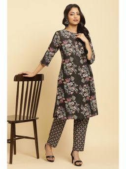 W - Black Floral Printed Kurta & Pants (Set of 2)
