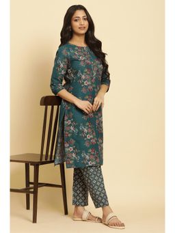 W - Teal Green Floral Printed Kurta & Pants (Set of 2)