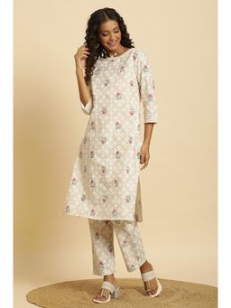 W - Beige Glitter Printed Kurta & Straight Pants (Set of 2)