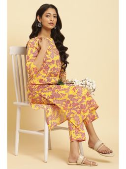 W - Yellow Floral Printed Cotton Kurta & Pants Co-Ord (Set of 2)