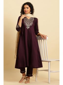 W - Purple Panelled Embroidered Kurta, Slim Pants & Dupatta (Set of 3)