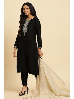 W - Black Zari Embroidered Straight Kurta, Pant & Dupatta (Set of 3)