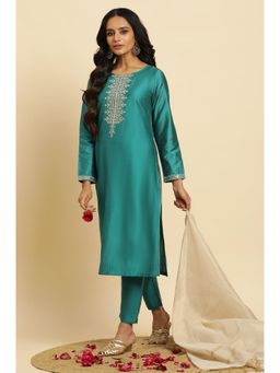 W - Teal Blue Zari Embroidered Straight Kurta, Pant & Dupatta (Set of 3)