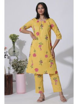 W - Buttercup Yellow Floral Printed A-Line Cotton Kurta & Pants Co-Ord (Set of 2)
