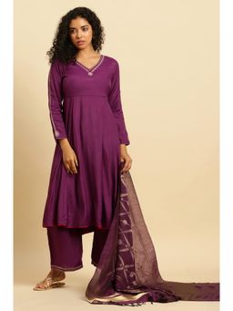 W - Purple Anarkali Festive Kurta, Parallel Pants & Dupatta (Set of 3)