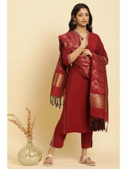 W - Maroon Solid Kurta, Pants & Jacquard Dupatta (Set of 3)