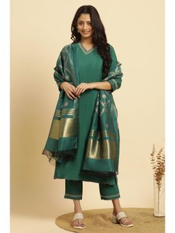 W - Green Solid Kurta, Pants & Jacquard Dupatta (Set of 3)