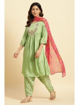 W - Green Embroidered Kurta, Salwar & Pink Chiffon Dupatta (Set of 3)