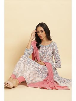 W - Cream Floral Printed Flared Kurta, Tights & Dupatta (Set of 3)