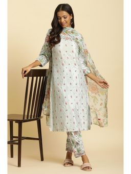 W - Sky Blue Floral Printed Kurta, Pants & Dupatta (Set of 3)