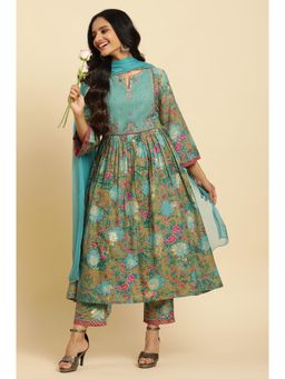 W - Brown Floral Printed Kurta, Pant & Dupatta (Set of 3)