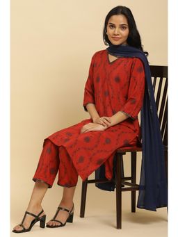 W - Red Sequined Printed Kurta, Pants & Dupatta (Set of 3)