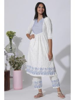 W - White Schiffli Kurta With Floral Printed Border & Pants (Set of 2)