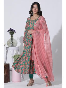 W - Green Floral Printed Anarkali Kurta With Tights & Dupatta (Set of 3)