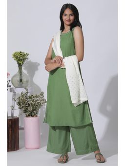 W - Sage Green Minimal Embroidered Kurta, Pants & Dupatta (Set of 3)