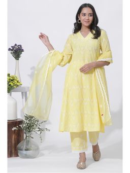 W - Yellow Cotton Embroidered Flared Kurta, Straight Pants & Dupatta (Set of 3)